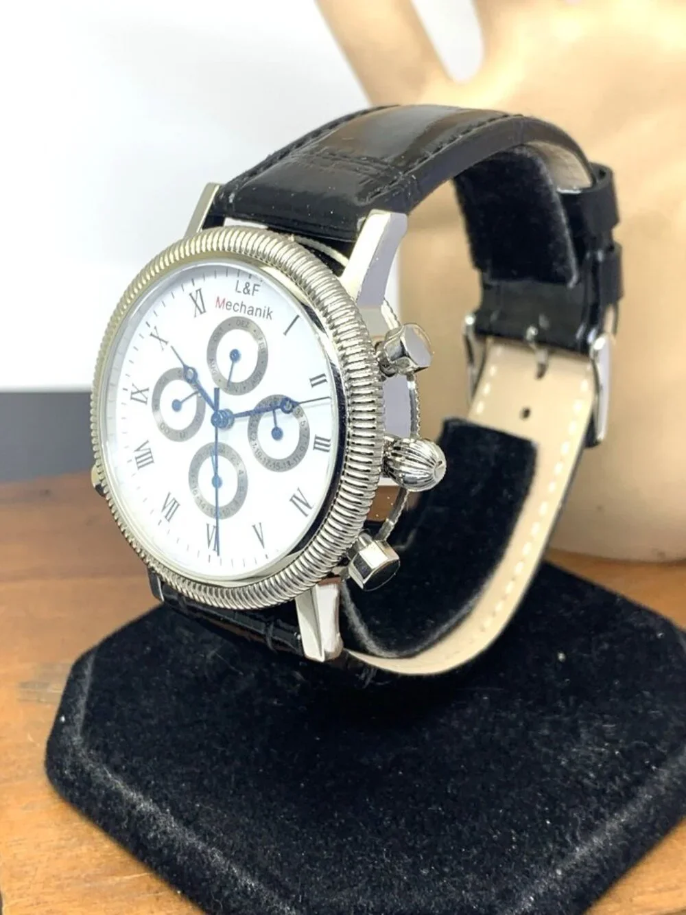 L&F Mechanik Men's Watch Automatic White Dial Con Edge Case Black Leather 43mm